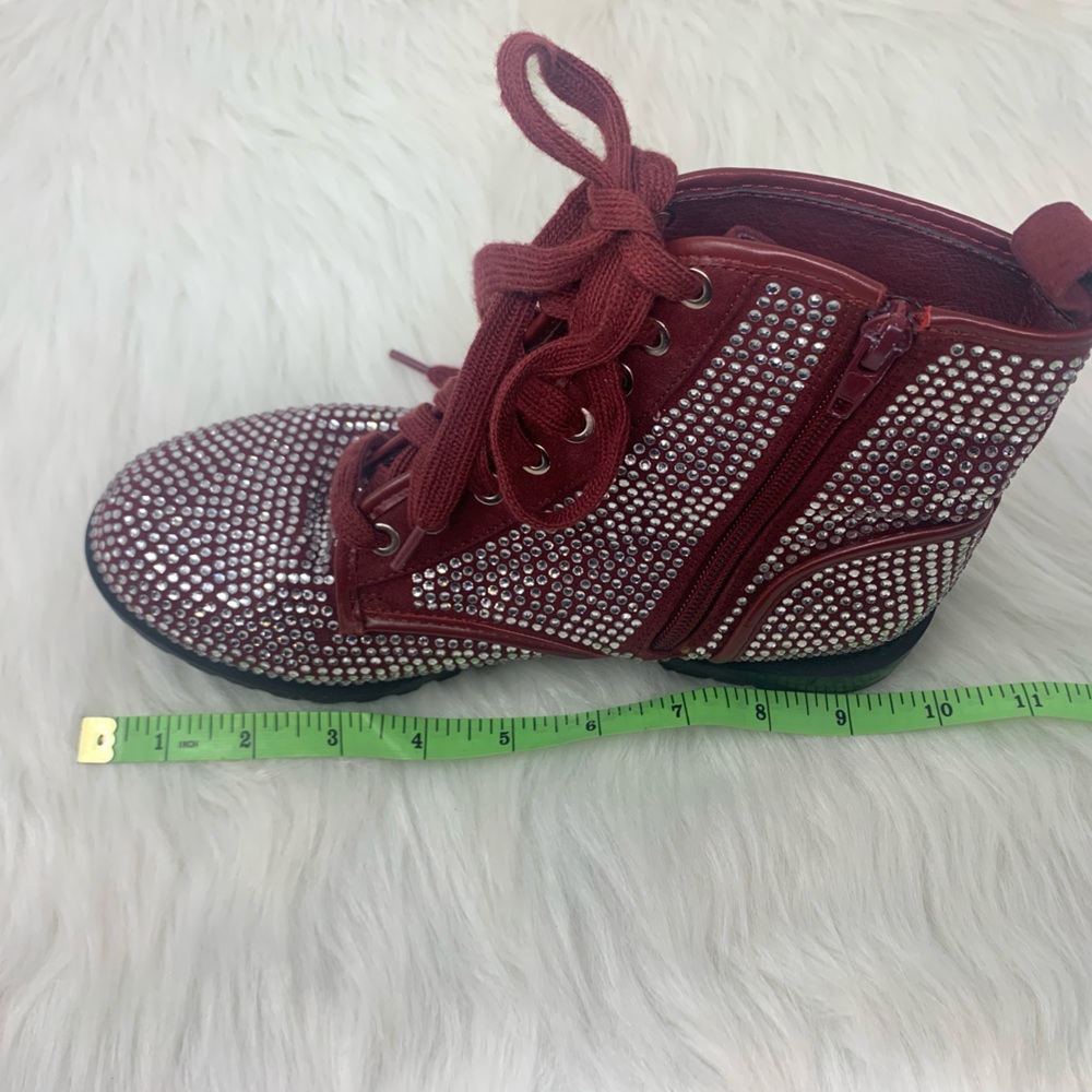 Glaze Rhinestone Burgundy Chunky Combat Moto Style Zip Boots Tag Sz 5.5 Fit Sz 7 - Picture 7 of 7